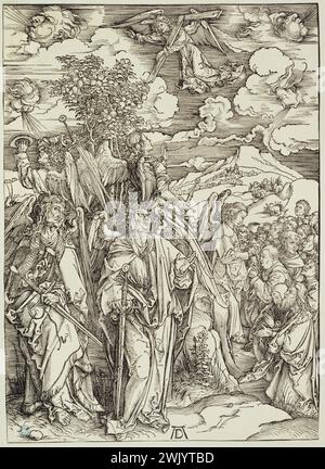 Albrecht Dürer (1471-1528). Die Apokalypse: Die vier Engel, die die vier Winde der Erde halten (Bartsch 66). 1497. Museum der Schönen Künste der Stadt Paris, Petit Palais. 77217-7 Engel, Apokalypse, katholische Kunst, chretische Kunst, religiöse Kunst, Christentum, Epi, Johannes-Evangelium, Ailee-Figur, Schwert, Heilige Geschichte, Mensch, Humanite, chretische Ikonographie, religiöse Ikonographie, Neues Testament, Aile-Charakter, biblischer Charakter, Prophetie, biblische Geschichte, christliche Religion, Offenbarung, Renaissance, Blow, Wind, Vision, Gravur Stockfoto