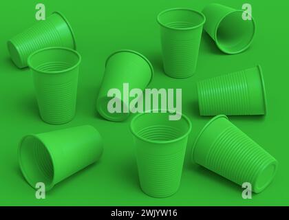 Set aus Kunststoff Einweg-Partybecher isoliert auf monochromem grünem Hintergrund. 3D-Rendering von Take Away Glas für Saft, frisch, Bier Stockfoto