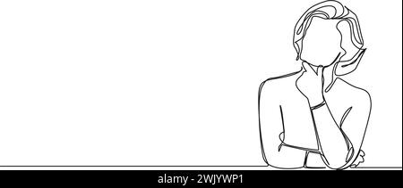 Kontinuierliche Einzelzeilenzeichnung einer nachdenklichen Frau mit Hand auf Kinn, Linie Kunst Vektor Illustration Stock Vektor