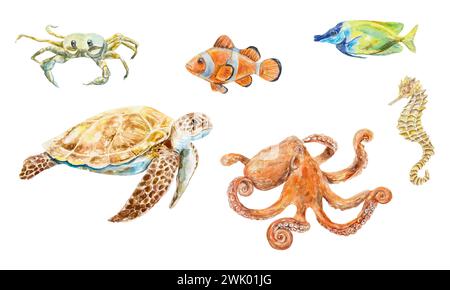 Meerestiere Set, Aquarell. Schildkröte, Tintenfisch, Fisch, Seepferdchen, Krabben. Vektorabbildung. Designelement für Postkarten, Reisebanner, Flyer, Etiketten. Stock Vektor