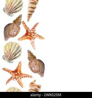 Muscheln, Seesterne, nahtloser Rand, vertikal, Aquarell. Meeresleben Vektor-Illustration. Postkarten, Reisebanner, Etiketten, Einladungen, Briefe. Stock Vektor