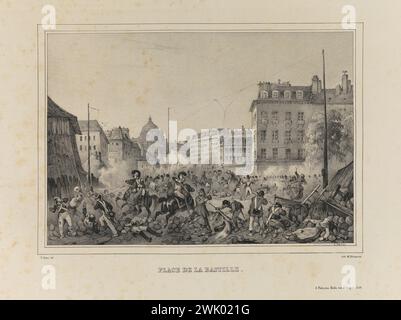 Victor Adam/Delaporte. "Denkwürdige Tage im Juli 1830, Place de la Bastille". Lithographie. Paris, Carnavalet Museum. 74580-6 Lithographie, Juli-Monarchie, Place de la Bastille, Revolution 1830, drei glorreiche, Kampf Stockfoto