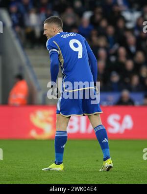 King Power Stadium, Leicester, Großbritannien. Februar 2024. EFL Championship Football, Leicester City gegen Middlesbrough; Jamie Vardy aus Leicester City möchte einen Vorwärtslauf machen und die Onside behalten. Credit: Action Plus Sports/Alamy Live News Stockfoto