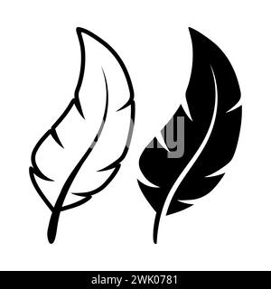 Vector Schwarz und weiß Logosymbole mit flauschigen Federn. Silhouette Feather Set Closeup Isoliert. Designvorlage für Flamingo, Engel, Vogelfeder. Leichtigkeit Stock Vektor