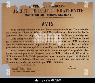Rochette, A.-E., [Republiq) EU francaise/LIBERTE - EGALITE - FRATERNITE/TOURIEUX du XIV E Arrondissement/Opinion/ Wir werden darüber informiert, dass Zweifel an der Auslegung/des Erlasses, mit dem Frauen der Wärter/Staatsangehörigen eine Beihilfe in Höhe von 75 Zentralen gewährt wird (eingetragener Titel (Schreiben)), 1870, gestiegen sind. Typografie. Carnavalet Museum, Geschichte von Paris. Stockfoto