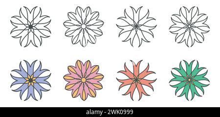 Blumensymbole Set, Logo im Bohème-Stil, schwarzer Strich. Kreative florale Web-dekorative Bilder, Umrisse, farbige isolierte Elemente, Vektor Stock Vektor
