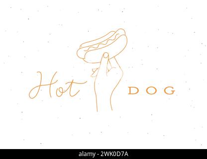 Hand hält Hot Dog mit Wurst und Schriftzeichnung in linearer Form auf hellem Hintergrund Stock Vektor