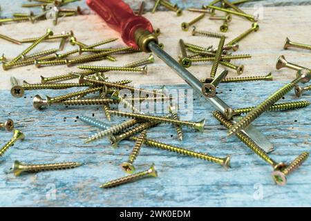 Schraubendreher und Messingholzschrauben um ihn herum. Tisch aus recyceltem Holz. Stockfoto