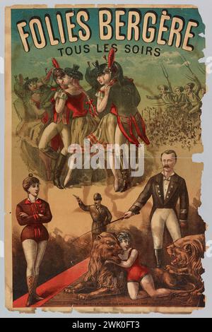 H.S. (Monogramm), Folies Bergere/ Every Every Evening (eingetragener Titel (Brief)), 1880. Farblithographie. Carnavalet Museum, Geschichte von Paris. Werbung, Kaffeekonzert, Musikhalle, Paris, 9. Arrondissement, Zirkus, zähmen, Dressur, wilde Tiere, Schütze, in hohen Soldaten und jungen Frauen, die sich küssen, im Hintergrund mit Gabeln bewaffnete Bauernmassen, die sie verfolgen, unter dem Schützen gehen Paine und sein Partner (vgl. Caraff00710), der Oberst D. Boone tamper und seine Partnerin Miss Carlotta mitten in Löwen (vgl. Caraff00658) Stockfoto