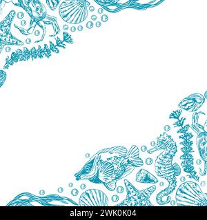 Marinahmen, quadratisch. Krabben, Fische, Seetang, Seesterne, Muscheln. Abbildung. Karten, Einladungen, Briefe, nautische Poster, Banner, Verpackung, Etiketten. Stock Vektor
