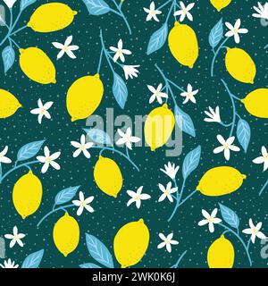 Nahtloses Vektormuster mit hellgelben Zitronen und weißen Blüten auf dunklem Petrol, Textilverpackung. Vektorabbildung Stock Vektor
