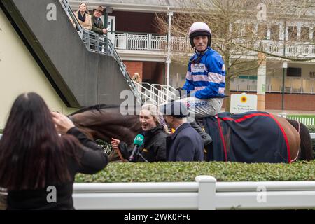 Ascot, Berkshire, Großbritannien. Februar 2024. Horse PIC D'Orhy geritten von Jockey Harry Cobden Gewinner der Betfair Ascot Steeple Chase beim Betfair Ascot Chase Raceday auf der Ascot Racecourse für die Besitzerin Johnny de la Hey und Trainer Paul Nicholls, Ditcheat. Sponsor Der Morson Group. Quelle: Maureen McLean/Alamy Live News Stockfoto