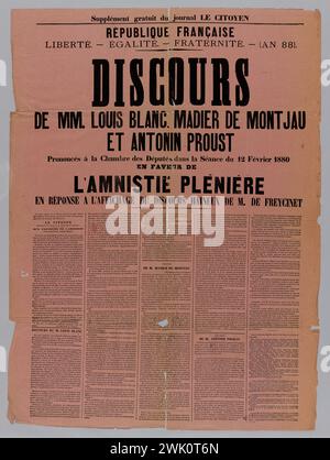 LESEURRE, L., kostenlose Beilage der Zeitung The Citizen/French republic/Freedom.- EGALITE.- FRATERNITE.- (Jahr 88) ./ Speech/DE MM.. Louis Blanc, Madier de Montjau/ und Antonin Proust/ haben sich in der Abgeordnetenkammer in der Sitzung vom 12. Februar 1880 ausgesprochen (eingetragener Titel (Schreiben)), 1880. Typografie. Carnavalet Museum, Geschichte von Paris. Stockfoto