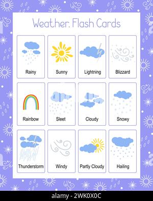 Wetter-Flash-Karten aktuelles Vokabellernen druckbar, lehrreiches Englisch-Arbeitsblatt für Kinder, Kindergarten, Vorschule, Freizeitspiel, Lehrerressourcen, Illustration mit flachen Vektoren Stock Vektor
