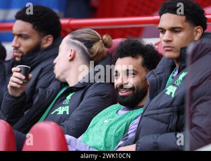 London, Großbritannien. Februar 2024. Mohamed Salah (2. R) aus Liverpool blickt während des Premier League-Spiels im Gtech Community Stadium in London von der U-Bahn-Bank zu. Der Bildnachweis sollte lauten: Paul Terry/Sportimage Credit: Sportimage Ltd/Alamy Live News Stockfoto