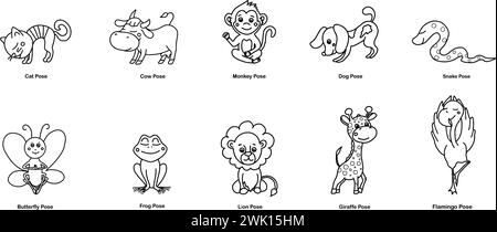 Set von Tier-Yoga-Posen oder Asanas. Vektor-Zeichentrickillustration im Doodle-Stil. Stock Vektor