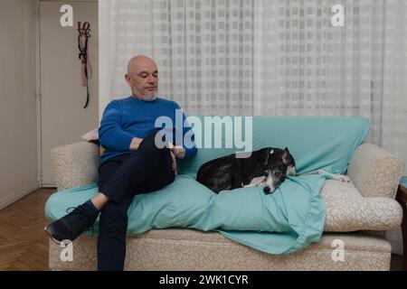 Ein reifer Mann sitzt bequem auf dem Sofa in seinem Haus, begleitet von seinem windhund. Das Sofa ist mit einem türkisfarbenen Laken geschützt, die beiden genießen einander Stockfoto