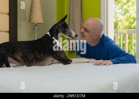 Ein kahlköpfiger Mann teilt einen Moment der Freude und Verbindung mit seinem Haustier, während sie auf dem Bett spielen. Stockfoto