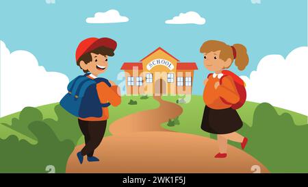 Die Schüler begeben sich auf eine farbenfrohe Reise zur Schule. Zwei Schulkinder mit ihren Rucksäcken gehen auf eine charmante Schule zu. Zurück zur Schule. Stock Vektor
