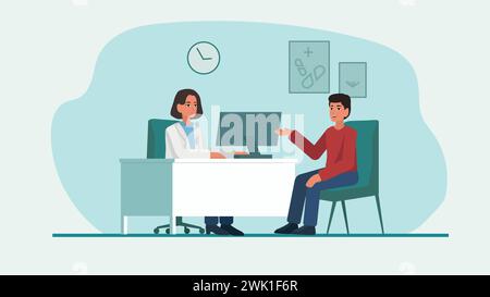 Eine Ärztin, die mit ihrem Patienten in einer professionellen Büroumgebung interagiert. Ärztliche Beratung. Vektorabbildung. Stock Vektor