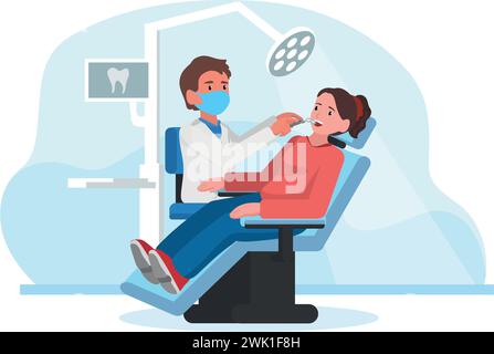 Vektorillustration eines Zahnarztes, der eine orale Untersuchung an Patienten in der modernen Zahnklinik durchführt. Umfassende Zahnärztliche Untersuchung. Mundgesundheit Stock Vektor