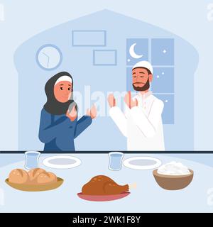 Ramadan-Ritual: Vektor-Illustration einer muslimischen Familie bereitet Iftar-Mahlzeit während des Fastenmonats Ramadan vor und betet über das Abendessen. Islam, ramadan Stock Vektor