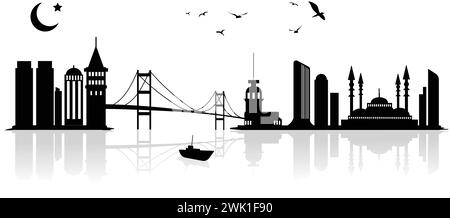 Silhouette Vektor Illustration Wahrzeichen und moderne Architektur von Istanbul, Turkiye. Galata Tower, Maiden Tower und Istanbul Bosporus Bridge. Stock Vektor