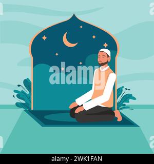 Vektor-Illustration eines muslimischen Mannes, der im Gebet verwickelt ist. Junge Person auf den Knien, betet Salat oder Namaz auf einem Teppich vor islamischem Hintergrund. Stock Vektor