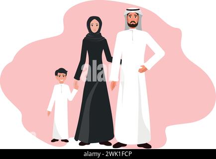Muslimische arabische Familie in traditioneller islamischer Kleidung, versammelt mit ihrem Kind. Hochformat in voller Länge. Vektorabbildung. Stock Vektor