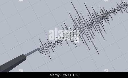 Detaillierte grafische Darstellung der Erdbebenschwingungen, die auf einem Seismographen vor dem Gitterhintergrund erfasst wurden. Seismograph zur Aufzeichnung seismischer Wellen. Stock Vektor