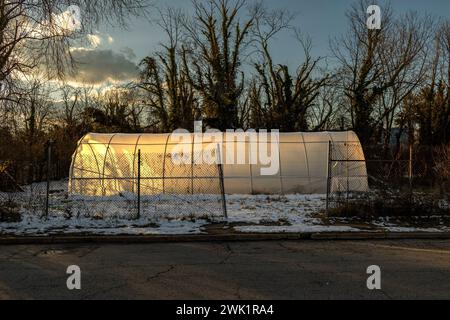 Baltimore, Maryland, USA. Februar 2024. Verlassenes Gewächshaus, Stadtviertel Towanda, Samstag, 17. Februar 2024 in Baltimore, Maryland. (Kreditbild: © Eric Kayne/ZUMA Press Wire) NUR REDAKTIONELLE VERWENDUNG! Nicht für kommerzielle ZWECKE! Stockfoto