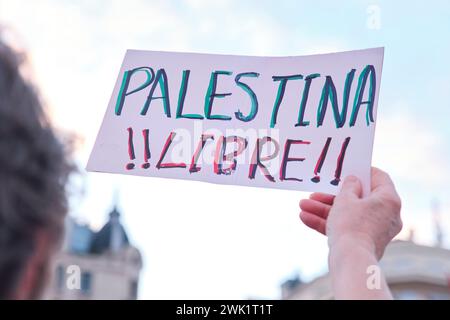 Buenos Aires, Argentinien, 16. Februar 2024: Menschen protestieren in Solidarität mit Palästina gegen den israelischen Völkermord. Nicht erkennbare Frau, die einen p hält Stockfoto