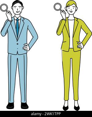 Einfache Strichzeichnung Illustration eines Geschäftsmannes und einer Geschäftsfrau (Senior, Executive, Manager) in einem Anzug, der durch eine Lupe blickt Stock Vektor