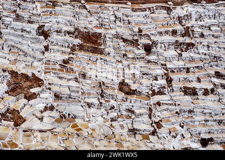 Alte Salzteiche an den Salineras de Maras, die von einer natürlichen Quelle gespeist werden, werden zu einer Landschaft aus Linien auf einem Hügel in den Anden. Stockfoto