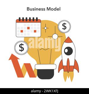 Strategisches Planungskonzept. Eine Glühbirne symbolisiert Ideen und Kalender, die Meilensteine neben Umsatzwachstum und Raketenstart markiert. Rentable Ventures Blueprint. Illustration des flachen Vektors. Stock Vektor