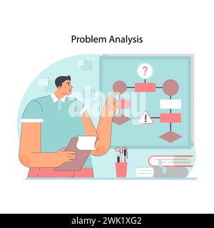 Konzept der Problemanalyse. Mann, der mit dem Finger auf einen Teil des Algorithmus zeigt. Detaillierte Aufgliederung und strategische Prüfung von Fragen. Kritisches Denken in Aktion. Illustration des flachen Vektors Stock Vektor