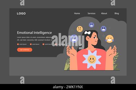 Web-Banner oder Landing-Page für emotionale Intelligenz dunkel oder Nachtmodus. Emotionsausbalancierung und Kontrolle. EQ-Entwicklung. Tiefes Verständnis von Emotionen. Selbstregulierung. Illustration des flachen Vektors Stock Vektor