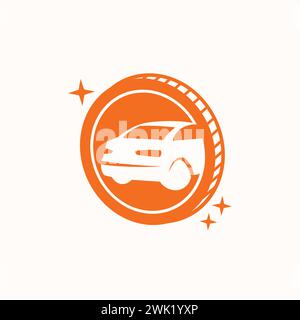Ein Logo mit einer Münze, auf der die Rückseite eines Autos integriert ist und funkelt. Stock Vektor