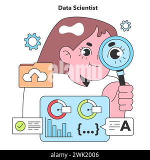 Ein Datenwissenschaftler analysiert sorgfältig Informationen und entdeckt versteckte Muster in Daten, um Trends vorherzusagen und Entscheidungen zu treffen. Stock Vektor