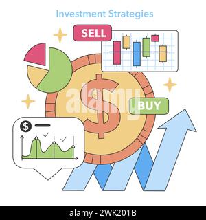 Konzept der Investitionsstrategien. Marktanalysen und Handelsentscheidungen mit Tortendiagrammen und Kerzendiagrammen. Ausrichtung des Finanzwachstums. Illustration des flachen Vektors. Stock Vektor