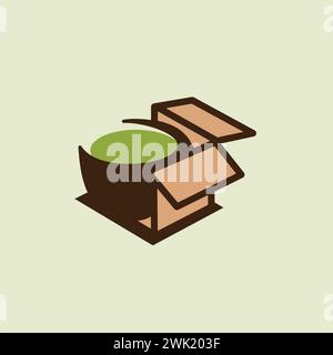Ein Logo mit einer Tasse Matcha-Grüntee in einer offenen Schachtel. Stock Vektor