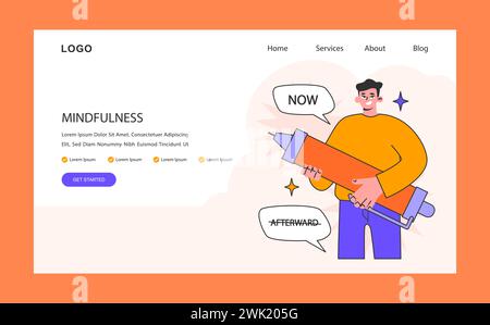 Webbanner oder Landing-Page für Achtsamkeit. Männlicher Charakter innere Ruhe. Ein Mann, der in einem Moment lebt. Emotionales Bewusstsein und Gleichgewicht. Illustration des flachen Vektors. Stock Vektor