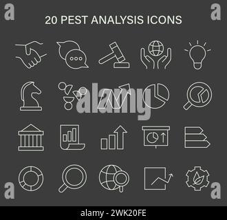 Symbolgruppe für die SCHÄDLINGSANALYSE. Visuelle Metaphern für Unternehmensstrategiekomponenten: Politische, wirtschaftliche, soziale, technologische Faktoren. Optimiert für Präsentationen. Flache Vektorsymbole. Stock Vektor