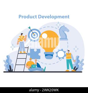 Produktentwicklungskonzept. Teams arbeiten an der kreativen Produktentwicklung zusammen. Strategie und Zielsetzung im Unternehmen. Nutzung von Technologien und Ideen für Marktlösungen. Illustration des flachen Vektors. Stock Vektor