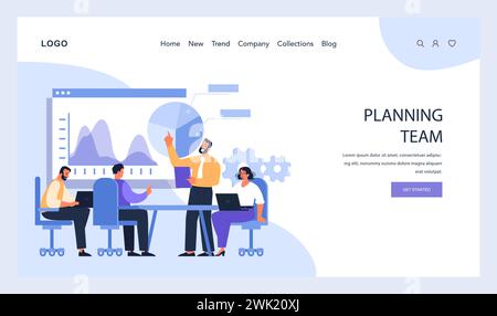 Das Team für die kollaborative Planung steckt tief in der Diskussion und analysiert visuell Daten, umgeben von digitalen Diagrammen, Zahnrädern und einer produktiven Atmosphäre. Verbesserung strategischer Erkenntnisse. Flacher Vektor Stock Vektor