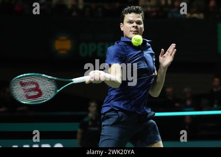 Milos Raonic aus Kanada gegen Jannik Sinner aus Italien, Viertelfinale beim ABN Amro Open 2024, ATP 500-Tennisturnier am 16. Februar 2024 in Rotterdam, Niederlande Stockfoto