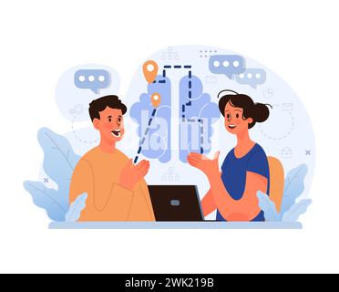 Gemeinsame Brainstorming-Sitzung zu digitalen Pfaden. Zwei Fachleute nahmen an einer lebhaften Diskussion Teil, in der sie digitale Verbindungen und Strategien aufstellten. Ideenfluss, Technologielinks. Flacher Vektor Stock Vektor