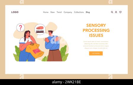 Aufschlussreiche Darstellung sensorischer Verarbeitungsprobleme, die die Verwirrung und das Unbehagen von Menschen mit sensorischen Empfindlichkeiten erfassen. Illustration des flachen Vektors Stock Vektor
