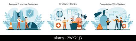 OSHA-Sicherheitsset. Verteilung persönlicher Schutzausrüstung, Gewährleistung des Brandschutzes und Erleichterung der Arbeitnehmerkonsultation. Stärkung der Sicherheitskultur und des Gefahrenbewusstseins. Illustration des flachen Vektors Stock Vektor