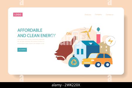 Kostengünstige und saubere Energie-Web- oder Landungsnetze. Übergang zu erneuerbaren Energiequellen für ein nachhaltiges Leben. Nachhaltiger Stromverbrauch. Stromerzeugungsquelle. Illustration des flachen Vektors Stock Vektor